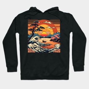 Japanese sunset boat peaceful orange design Hoodie